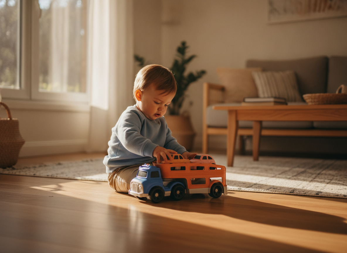 Niño jugando camión transportador juguete living hogar chileno