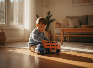 Niño jugando camión transportador juguete living hogar chileno