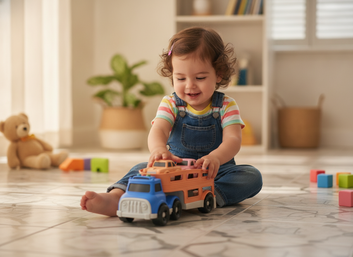 Niña empujando camión transportador juguete piso interior hogar