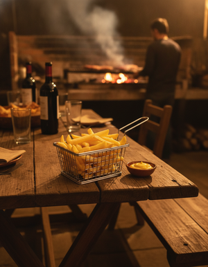 Canasta metálica papas fritas servida en quincho chileno asado