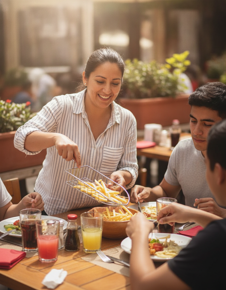 Mujer sirviendo papas fritas canasta metálica terraza familiar