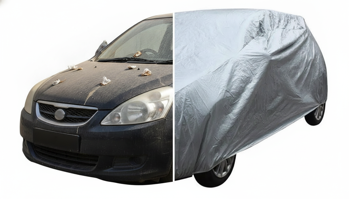 Carpa cubre auto SUV impermeable plateada estacionamiento exterior Chile día soleado