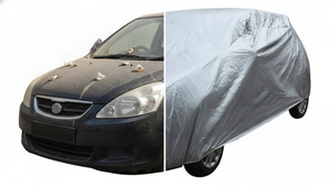 Carpa cubre auto SUV impermeable plateada estacionamiento exterior Chile día soleado