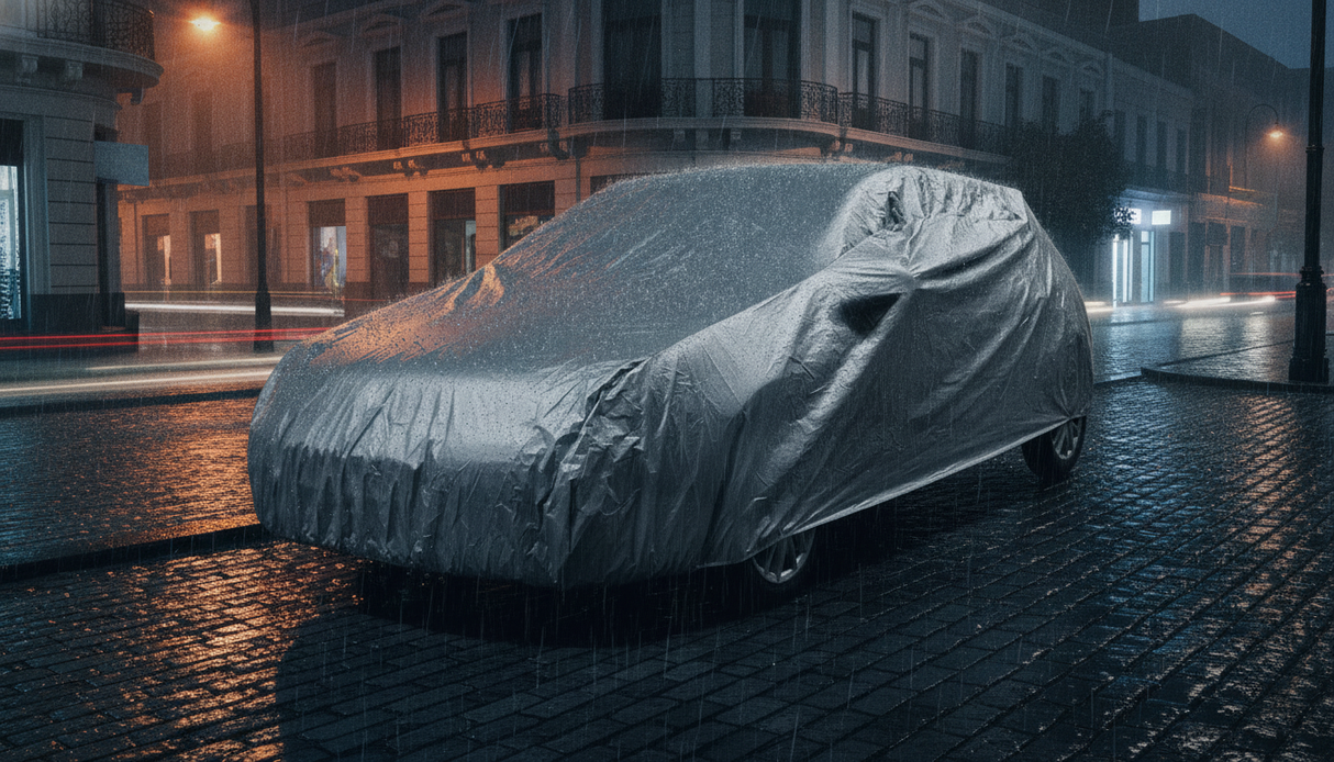 Hombre instalando cubre auto impermeable talla XXL camioneta entrada casa Chile