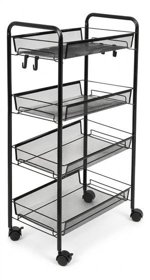 Carro organizador metálico 4 niveles negro con ruedas vista frontal