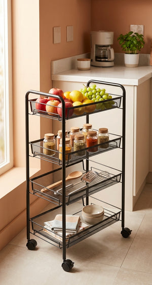 Carrito organizador negro cocina chilena con frutas y utensilios