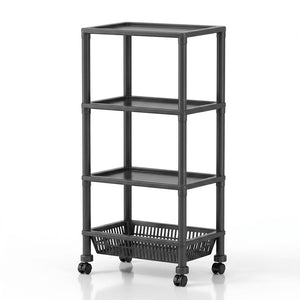 Carro organizador cocina 4 niveles negro con ruedas vista frontal fondo blanco