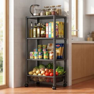 Verdulero metalico 4 niveles con ruedas en cocina chilena moderna con especias
