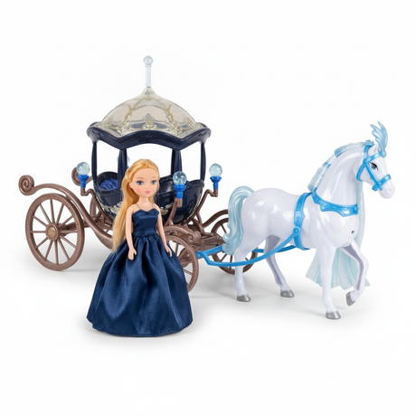 Carruaje princesa caballo muñeca set completo vista frontal fondo blanco