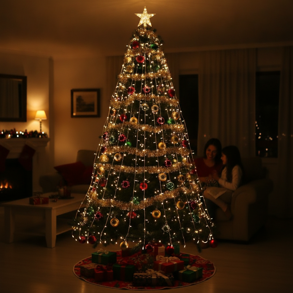 Cortina luces LED cascada árbol navidad living hogar chileno