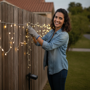 Mujer instalando guirnalda cascada LED blanca jardín exterior