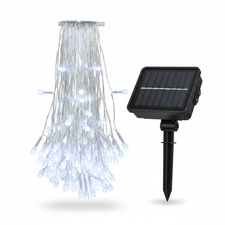 Cascada luces LED solar 56 luces 3m blanco frío vista frontal producto