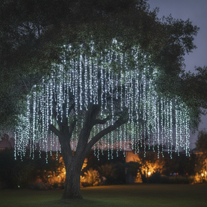 Cascada LED solar colgada árbol jardín chileno luz blanca fría nocturna