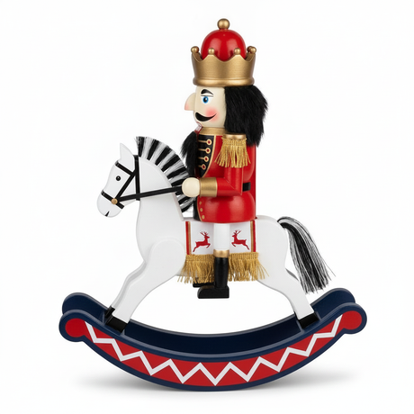 Cascanueces navideño caballo balancín corona dorada soldado rojo vista frontal