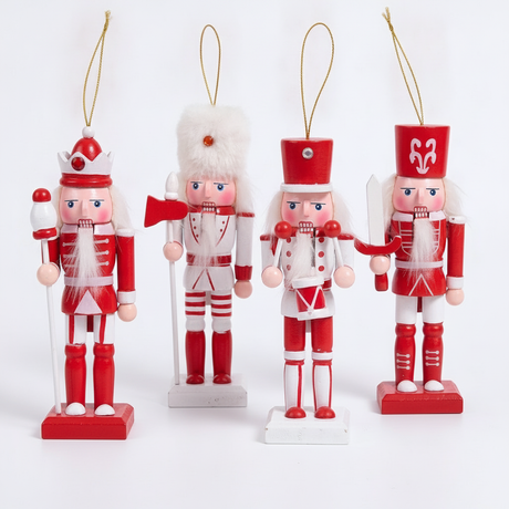 Set 4 cascanueces navideños soldados madera rojo blanco colgantes vista frontal
