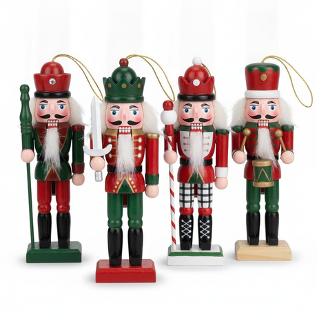 Set 4 cascanueces navideños soldados 12cm rojo verde negro colgantes vista frontal