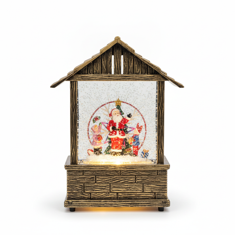 Adorno navideño casita musical Viejito Pascuero luz LED nieve giratoria vista frontal