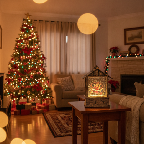 Casita navideña musical LED decorando living chileno en Navidad