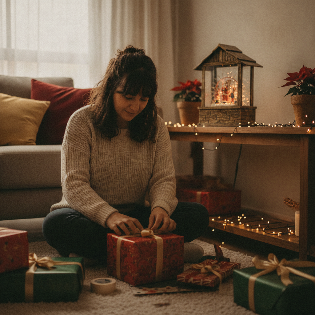 Mujer chilena con regalo adorno casita navideña musical LED USB