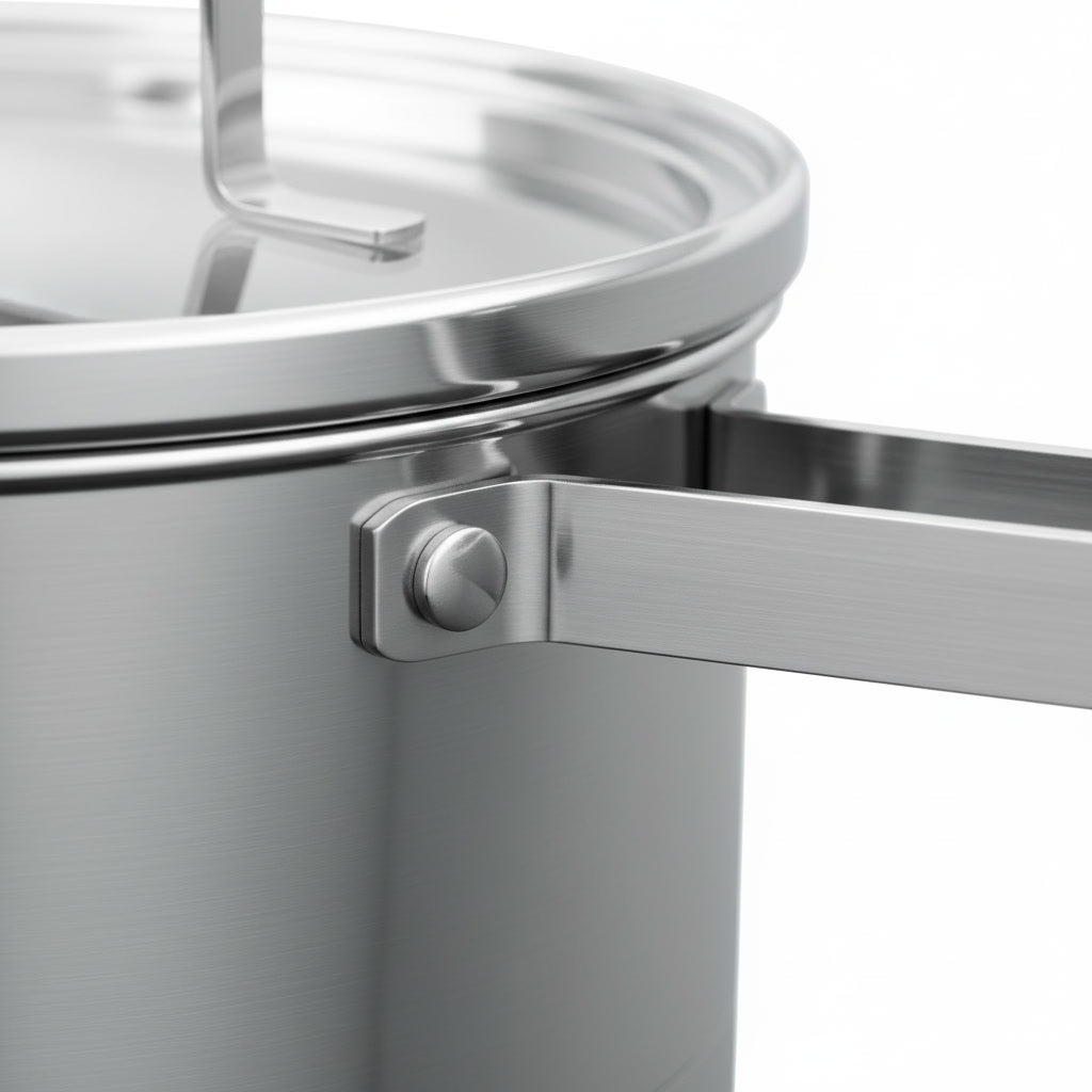 Olla cazo inoxidable con tapa escurridor sobre cocina inducción apartamento moderno