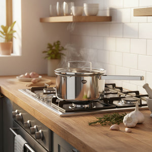 Mujer usando cazo acero inoxidable Wens sirviendo salsa tapa escurridor