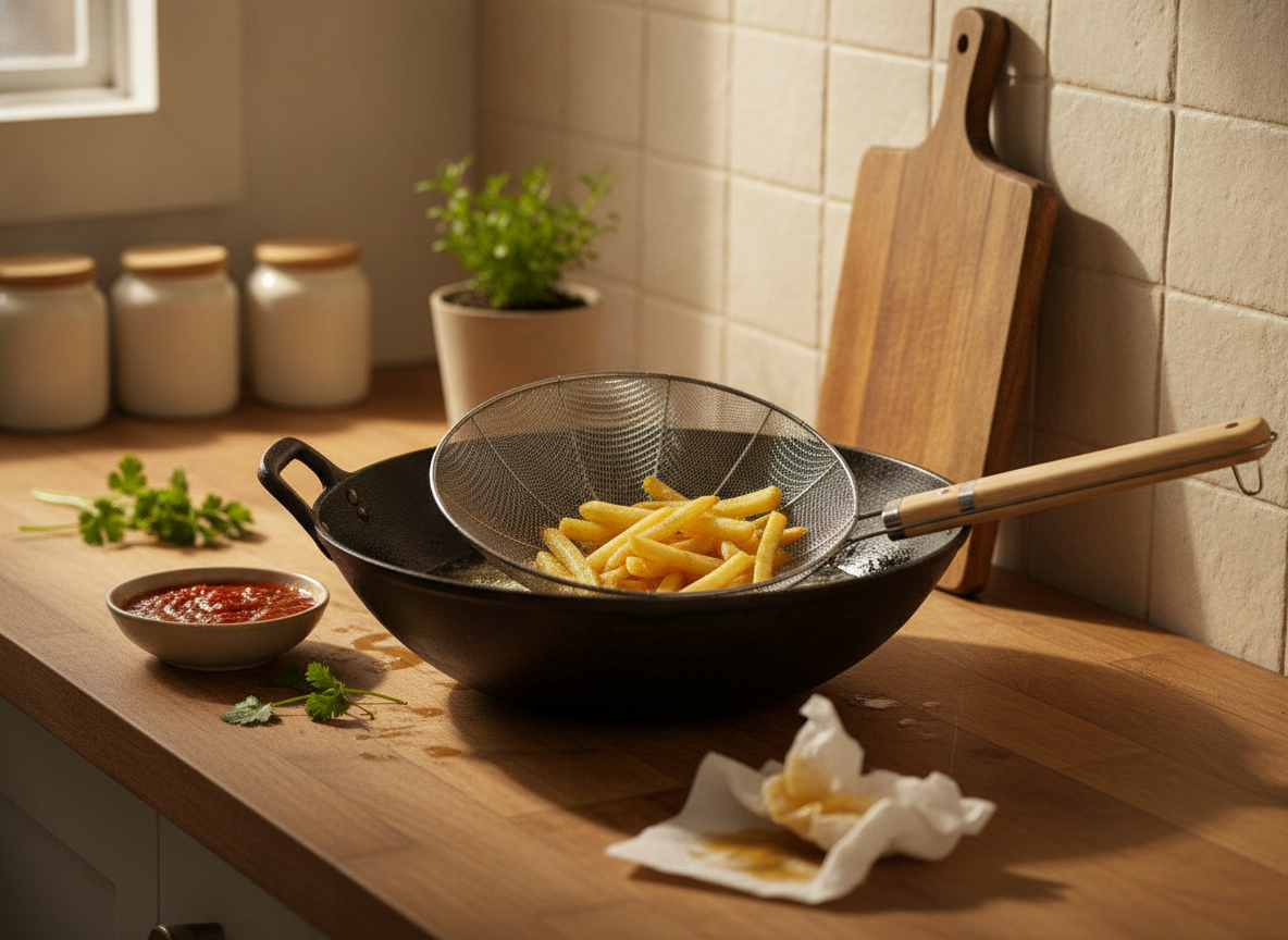 Colador metalico mango madera escurriendo pasta cocina familiar Chile
