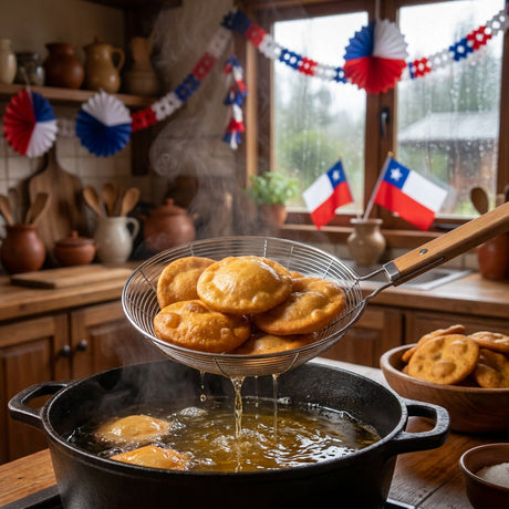 Escurridor frituras acero inoxidable sopaipillas cocina chilena aceite caliente