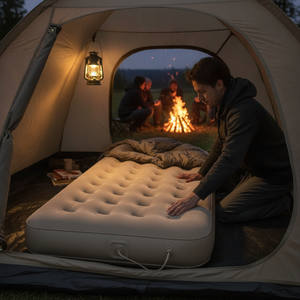 Colchón inflable camping bomba integrada inflándose dentro de carpa con fogata al fondo