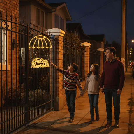 Decoración navideña LED solar colgante fachada casa chilena noche familia
