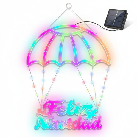 Colgante LED Feliz Navidad solar multicolor paracaídas 65cm vista frontal fondo blanco