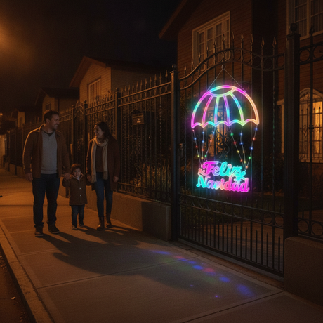 Decoración navideña LED multicolor colgada en reja casa chilena de noche