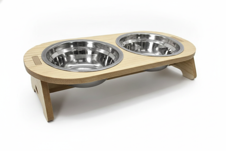 Comedero elevado doble perro gato acero inox madera vista frontal fondo blanco