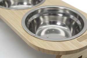 Comedero doble madera acero inoxidable gato cocina chilena luz natural