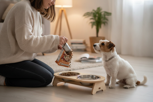 Mujer chilena llenando comedero elevado doble mascota perro pequeño hogar