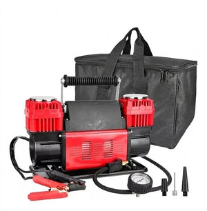 Compresor doble pistón 12V 150PSI rojo negro vista frontal fondo blanco