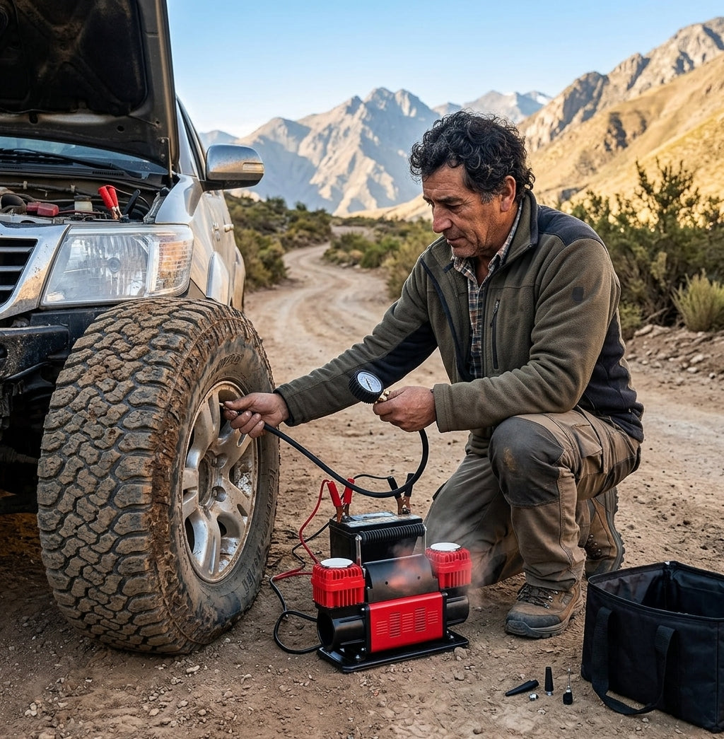 Compresor 12V inflando neumático 4x4 en carretera Patagonia chilena