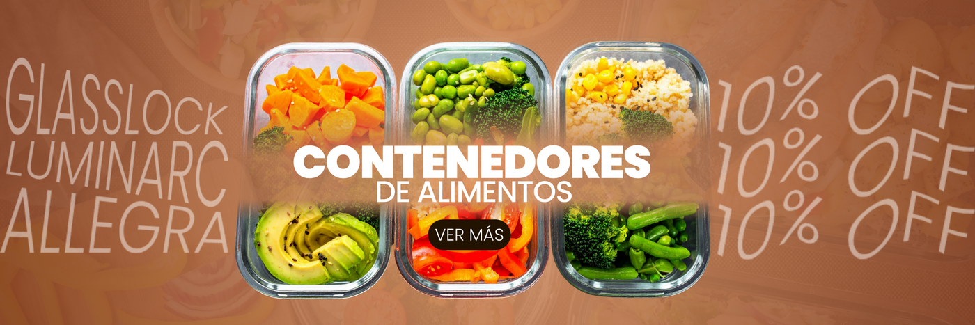 Banner promocional con contenedores de vidrio para alimentos llenos de vegetales frescos, acompañado del texto "Contenedores de alimentos" y un descuento del 10% en marcas como Glasslock, Luminarc y Allegra.