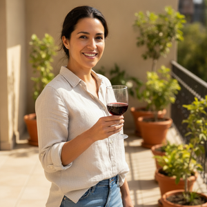 Mujer sosteniendo copa vino acrílico transparente terraza hogar chileno