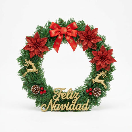 Corona navideña Feliz Navidad 40cm rojo verde con lazo vista frontal