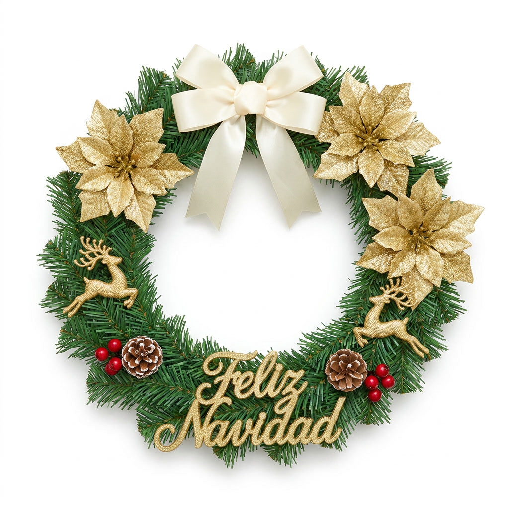 Corona navideña feliz navidad dorada 40cm con renos y lazo vista frontal