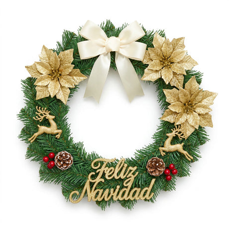 Corona navideña feliz navidad dorada 40cm con renos y lazo vista frontal