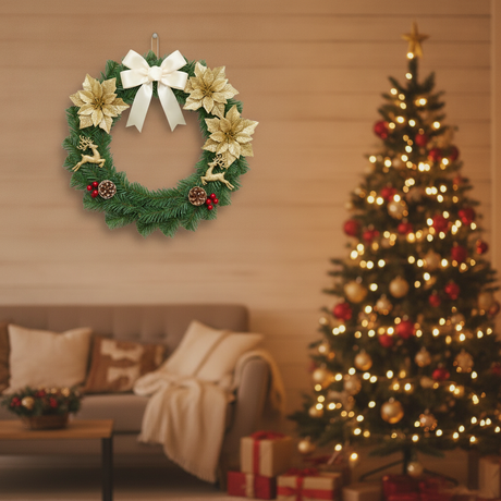 Adorno navideño corona 40cm decorando living chileno con árbol de navidad