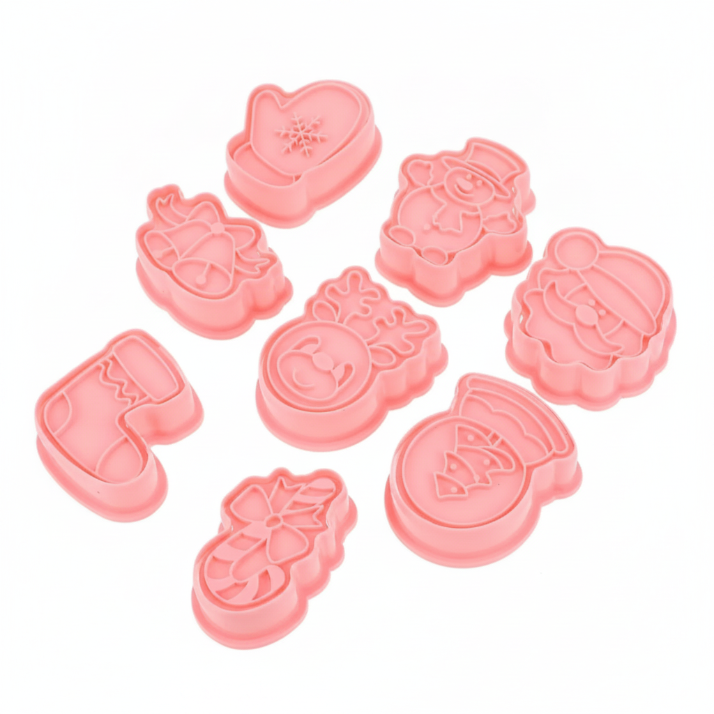 Set 8 cortadores galletas navideñas stamp rosa plástico alimentario vista frontal