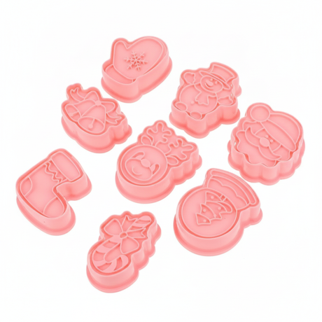Set 8 cortadores galletas navideñas stamp rosa plástico alimentario vista frontal