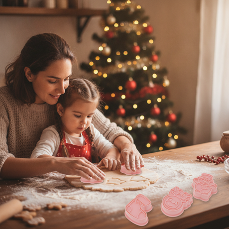 Madre e hija usando cortadores galletas navideñas cocina chilena navidad