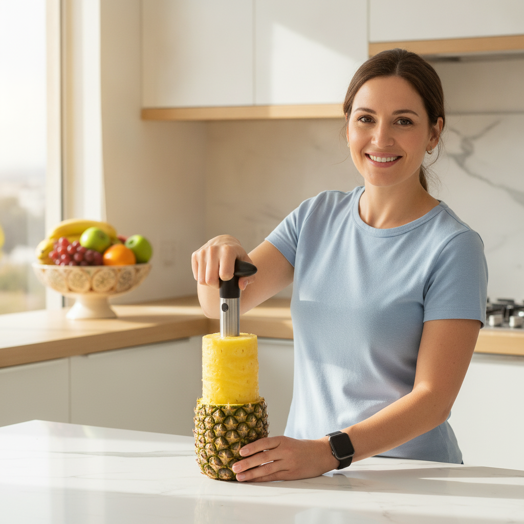 Mujer usando cortador piña cocina chilena moderna anillos frescos