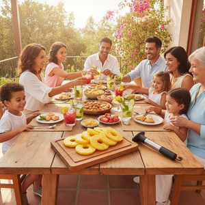 Familia chilena terraza verano piña rebanada cortador espiral