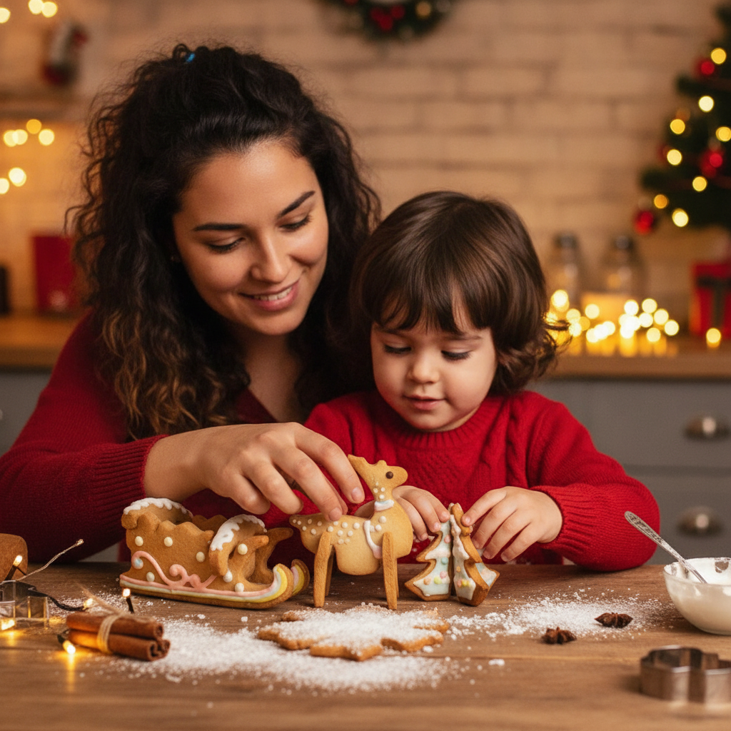 Niño y adulto armando galletas navideñas 3D reno trineo cocina chilena