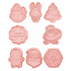 Set 8 cortadores galletas navideñas plástico rosa diseños relieve vista frontal