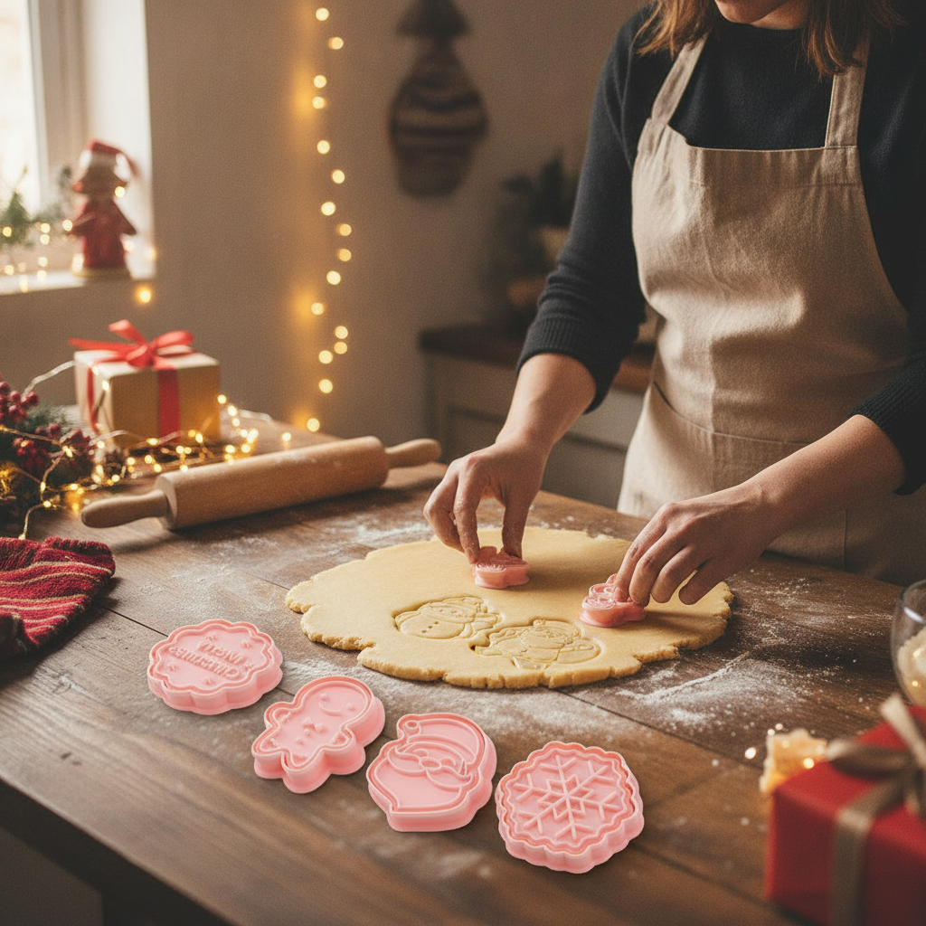 Mujer chilena usando moldes galletas navidad en cocina hogareña